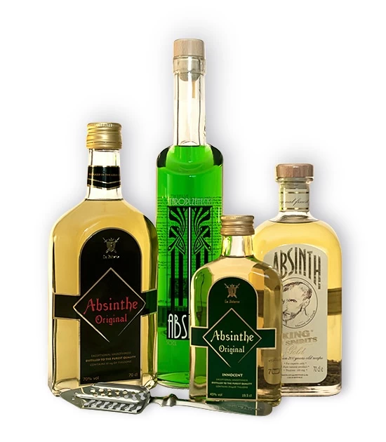Three full size absinthe bottles and free absinthe gifts. Staroplzenecky Absinth and King Gold Absinth