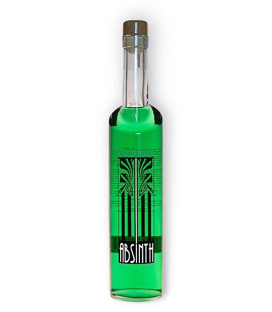 Emerald green long neck bottle of Staroplzenecky Absinth, bottled at 64% abv
