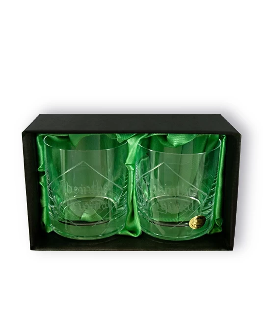 Gift box of two heavy based short tumbler absinthe glasses, engraved with Absinthe Original logo