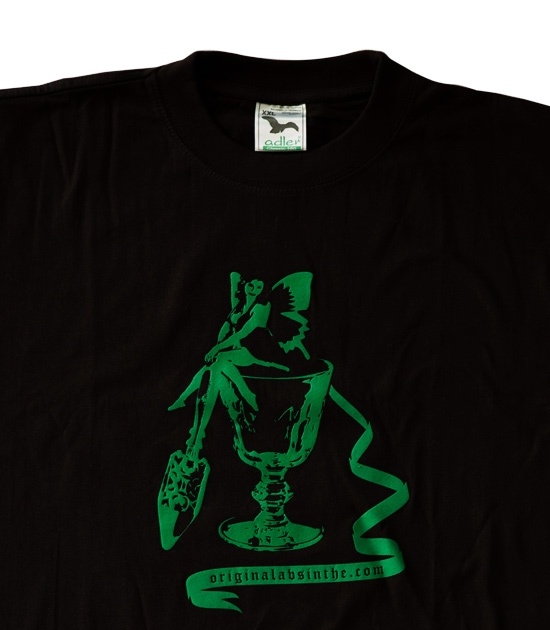 Detail of Absinthe T-shirt with Green Fairy green screenprint design