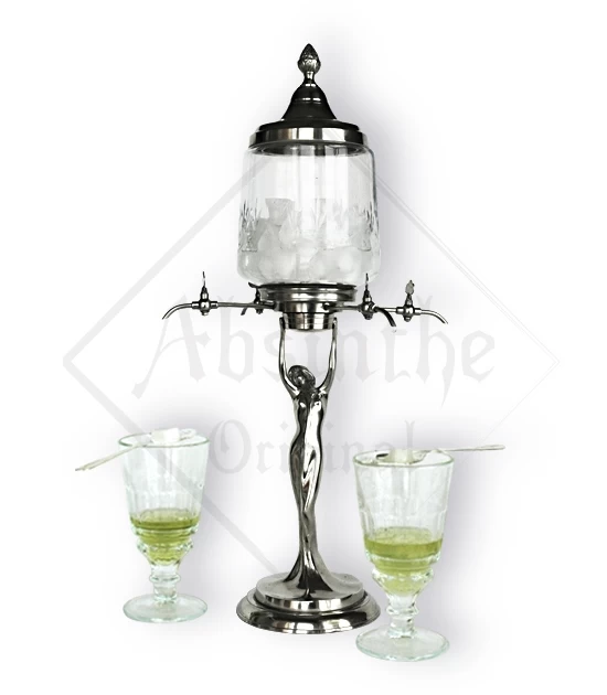 Handmade lady absinthe fountain for slow-drip absinthe preparation, four spouts enabling serving four glasses of absinthe.