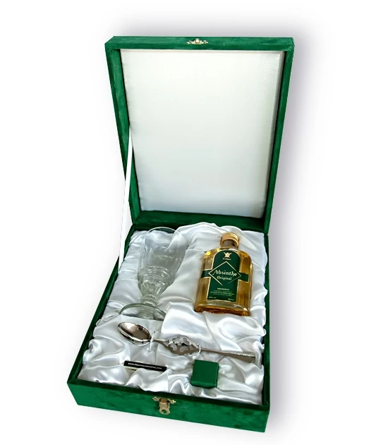 Unique, handmade Absinthe Gift Set with bottle of absinthe, absinthe glass, sugar cubes, box of matches and absinthe spoon.