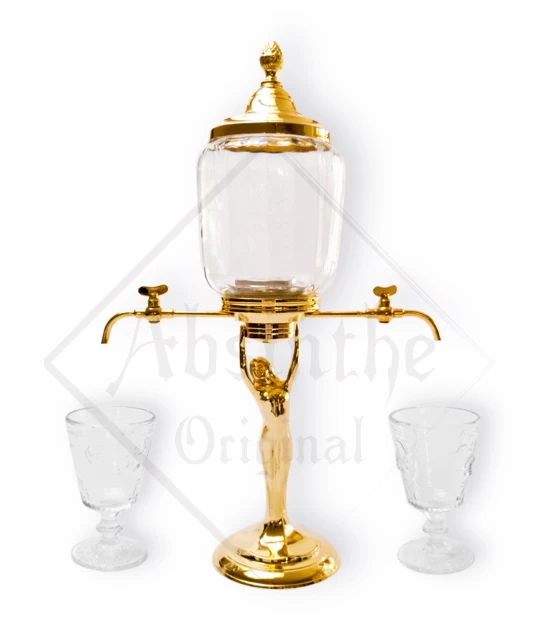 Small, gold plated Absinthe Fountain with 2 taps - mini metal golden absinthe lady fountain.