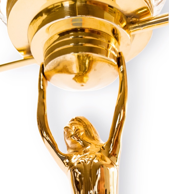 Golden lady absinthe fountain with glass reservoir and 2 taps, detailed view of lady holding the glass reservoir