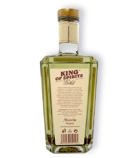 Back label of Absinthe King of Spirits Gold. 70% ABV, 100 mg of wormwood thujone, no additives.