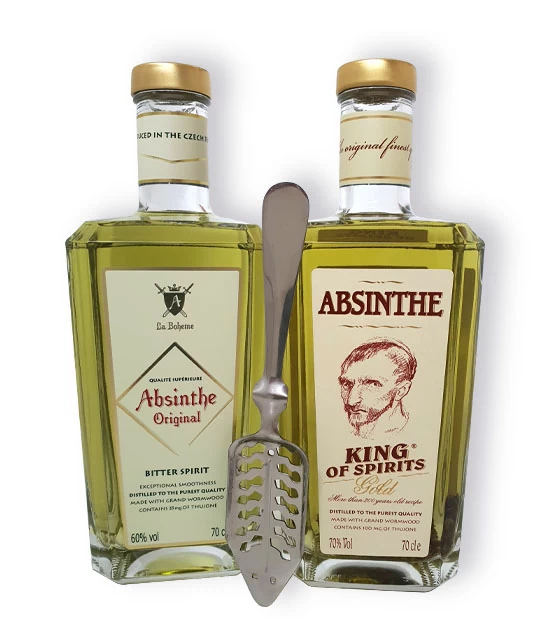 Premium absinthe - 2 bottles of Absinthe  Bitter Spirit & King Gold Absinthe, free absinthe spoon as a gift.