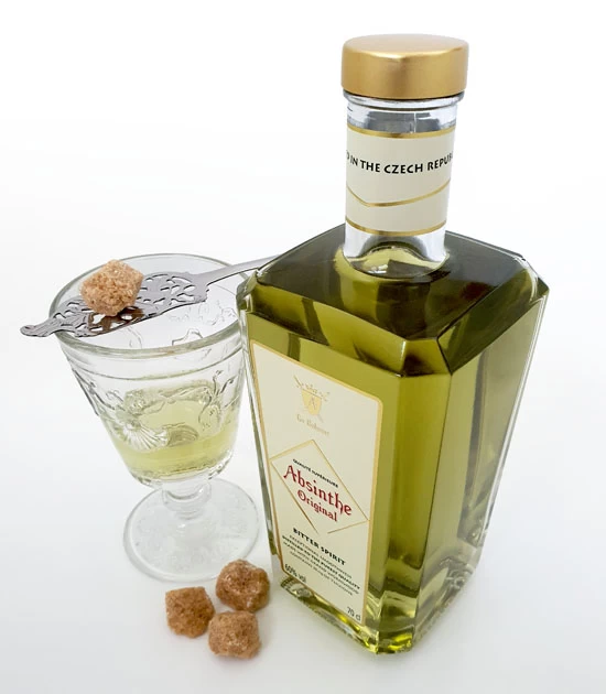 Absinthe Bitter Spirit - premium absinthe with 35mg of thujone and Versailles absinthe glass with absinthe slotted spoon.