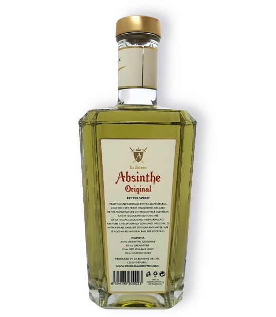 Back label of Absinthe Bitter Spirit, Bohemian-style wormwood absinthe made according to a Swiss recipe.