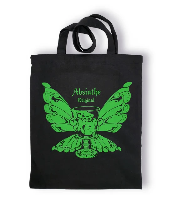 Black canvas tote bag with inner pocket and design inspired by Green Fairy.
