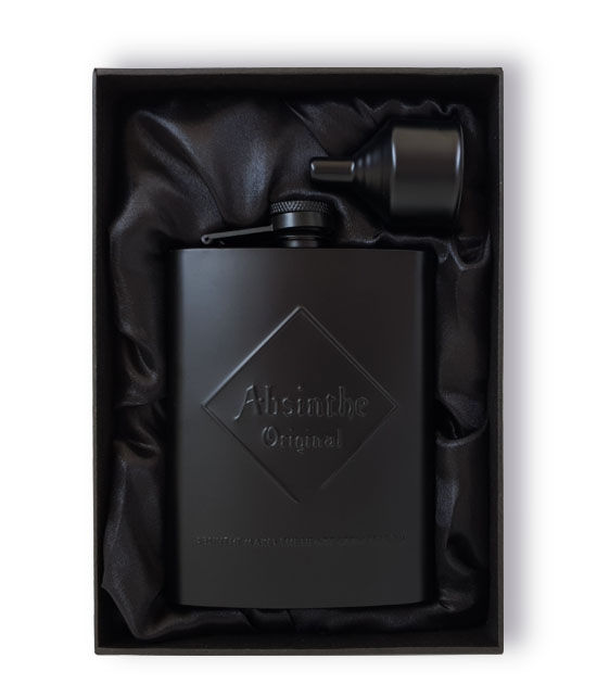 Embossed matte black stainless steel flask + black funnel in luxury gift box.
