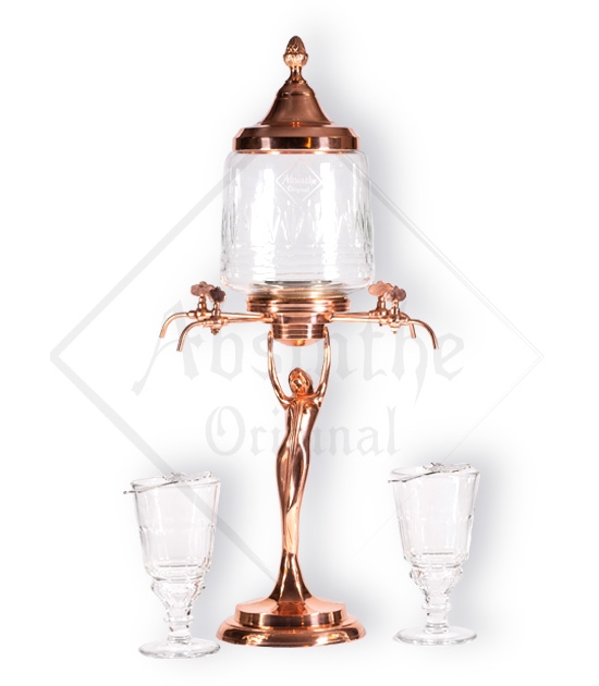 Rose gold color, hand made copper plated absinthe fountain with four metal taps and glass bowl.