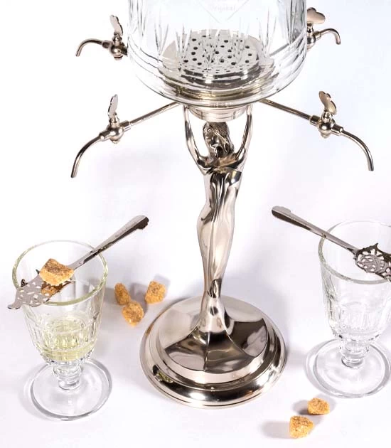 Four metal tap Lady Absinthe Fountain with Pontarlier glasses and Wormwood spoons.