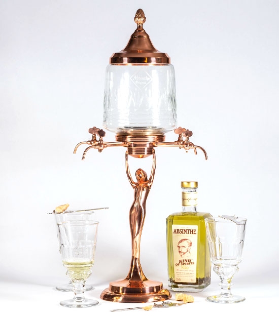 Lady style, rose gold color, copper absinthe fountain, bottle of King Gold Absinthe, traditional serving.