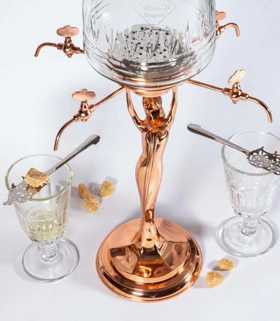 Reservoir absinthe glass Pontarlier with copper plated Lady Absinthe Fountain.
