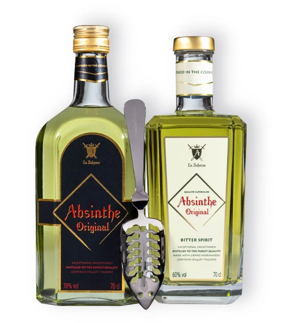 Two 700ml bottles of premium La Boheme wormwood absinthe and replica of traditional absinthe spoon.