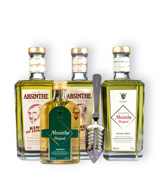 Gold wormwood absinthe set with two bottles of strongest King of Spirits Gold & Bitter Spirit absinthe.