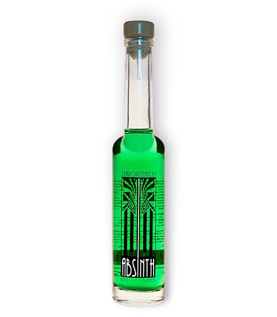 Smaller bottle of Staroplzenecky absinth, emerald green absinthe with thujone