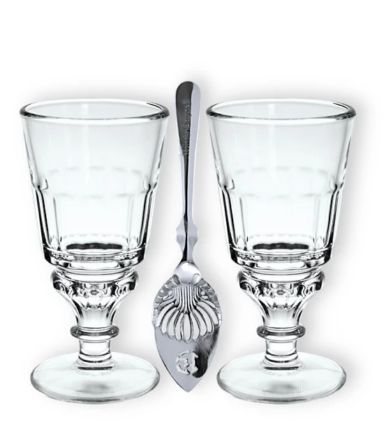 Set of two traditional reservoir absinthe Pontarlier glasses with two slotted absinthe spoons.