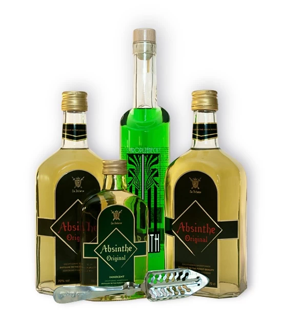 Two bottles of Absinthe Original, one Staroplzenecky Absinth, small Absinthe Innocent and Free Absinthe Spoon