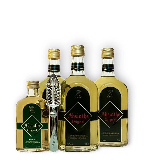 Three large bottles of La Boheme Absinthe Original, small bottle of Innocent Absinthe and Free spoon